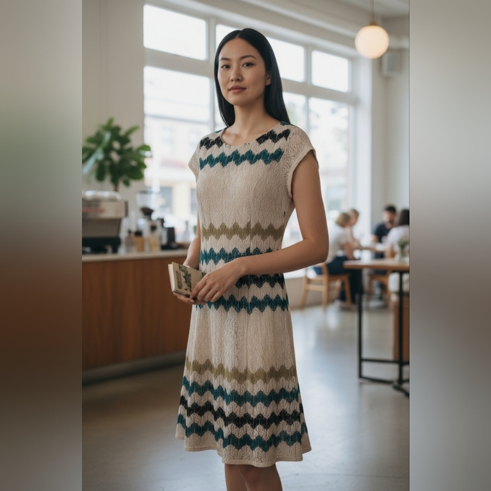 Dress Barn Cream and Blue Chevron Midi Dress